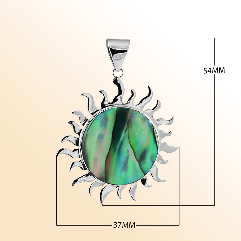Handcrafted sterling silver sun pendant with vibrant Abalone Shell center, artisan Bali jewelry with ocean-inspired shimmer.