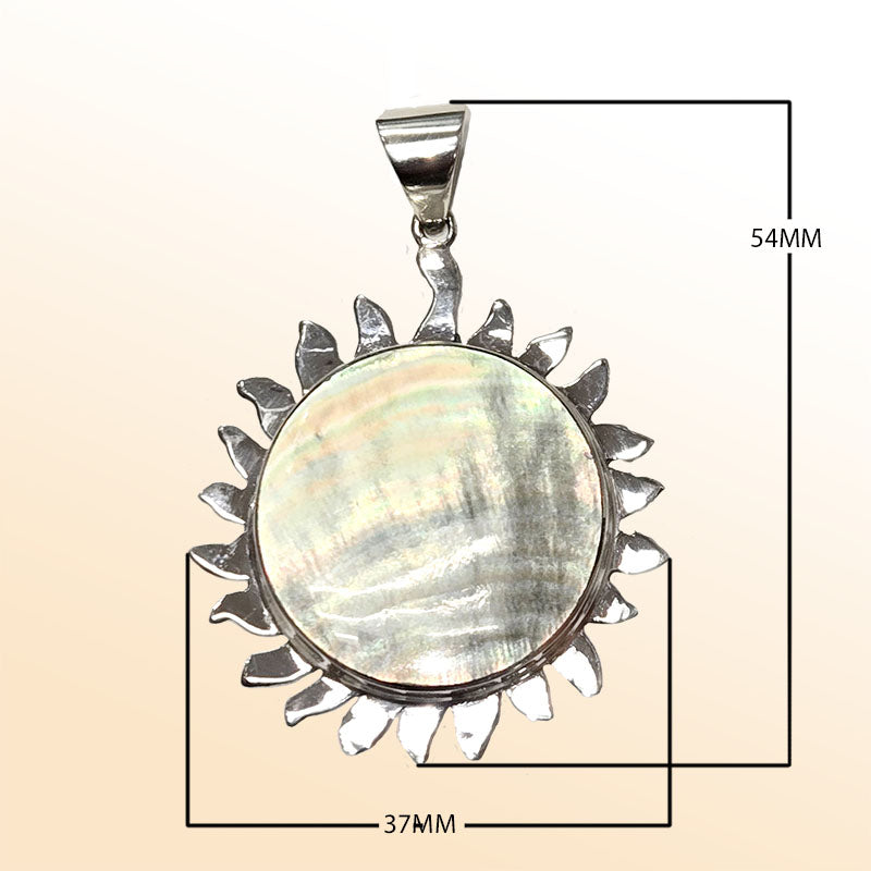 sterling silver sunburst pendant with round Jeping Shell, handcrafted in Bali artisan style.