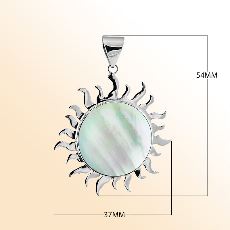 Handcrafted sterling silver sun pendant with luminous Mother of Pearl centerpiece, artisan Bali jewelry for elegant everyday style.