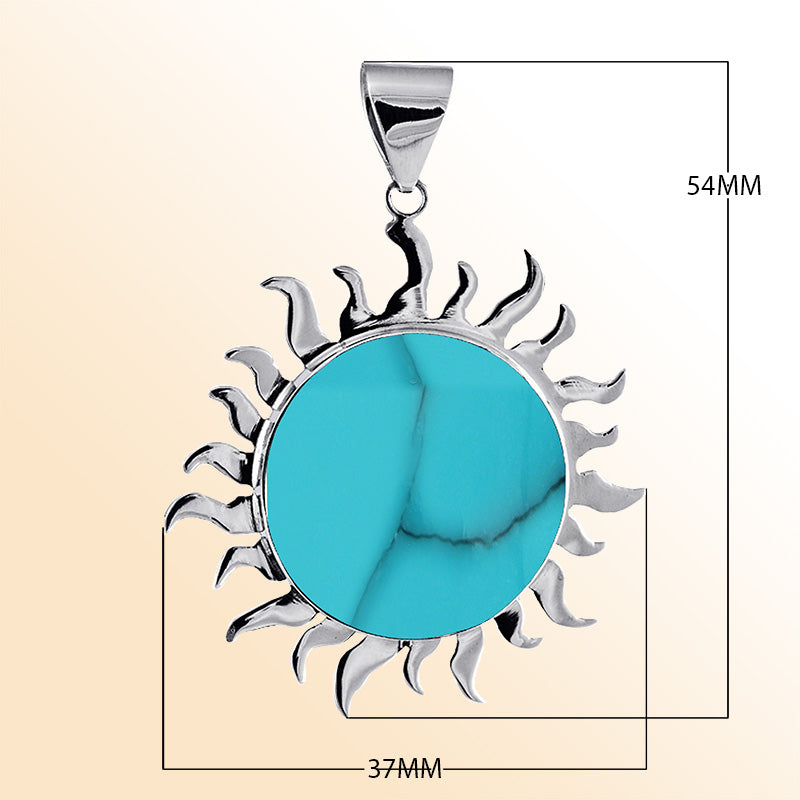 Handcrafted sterling silver sun pendant with vibrant Turquoise Shell, artisan Bali jewelry for bold everyday style. 