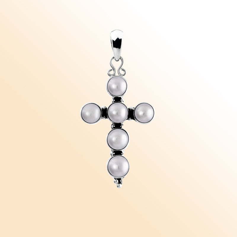 AP-1028-PE Sterling Silver Blessing of god Divine Cross Shape Pendant With Fresh Water Pearl Jewelry Bali Designs Inc 