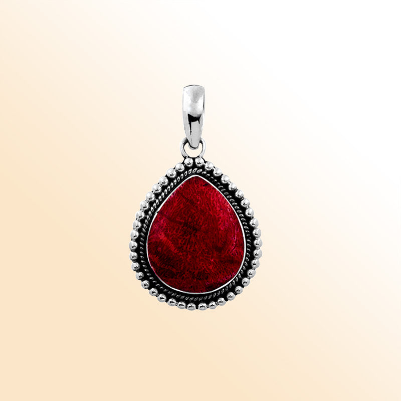 Sterling Silver Beautiful Pear Shaped Pendant With Red Coral Covered by Designer Granulated Rope Jewelry Bali Designs Inc 