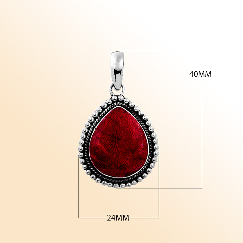 Sterling Silver Beautiful Pear Shaped Pendant With Red Coral Covered by Designer Granulated Rope Jewelry Bali Designs Inc 