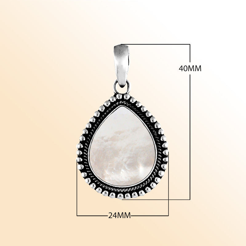 "Sterling silver pear-shaped pendant with shimmering mother of pearl and decorative rope border, handcrafted Bali artisan jewelry."