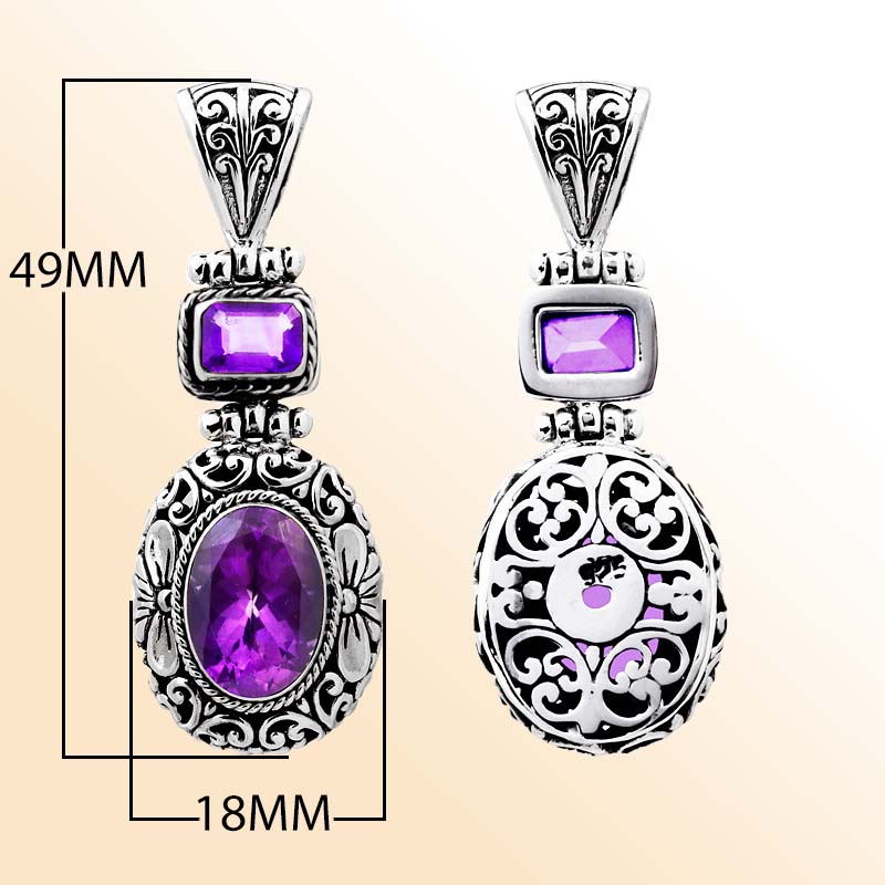 Sterling silver Amethyst Quartz pendant with oval and square gemstones, detailed Bali filigree design and oxidized finish, handcrafted artisan jewelry for women.