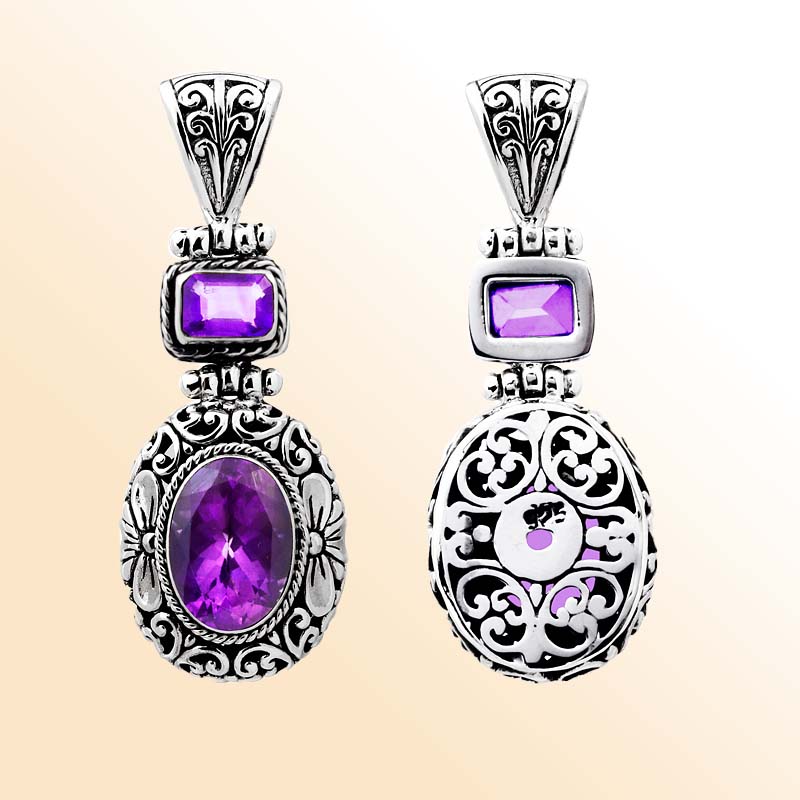 Sterling silver Amethyst Quartz pendant with oval and square gemstones, detailed Bali filigree design and oxidized finish, handcrafted artisan jewelry for women.