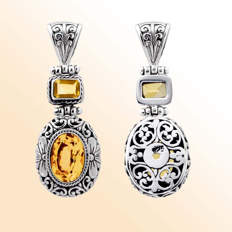 Sterling silver Citrine pendant with oval and square Quartz, intricate Bali filigree silverwork and oxidized finish, handcrafted artisan jewelry for women.