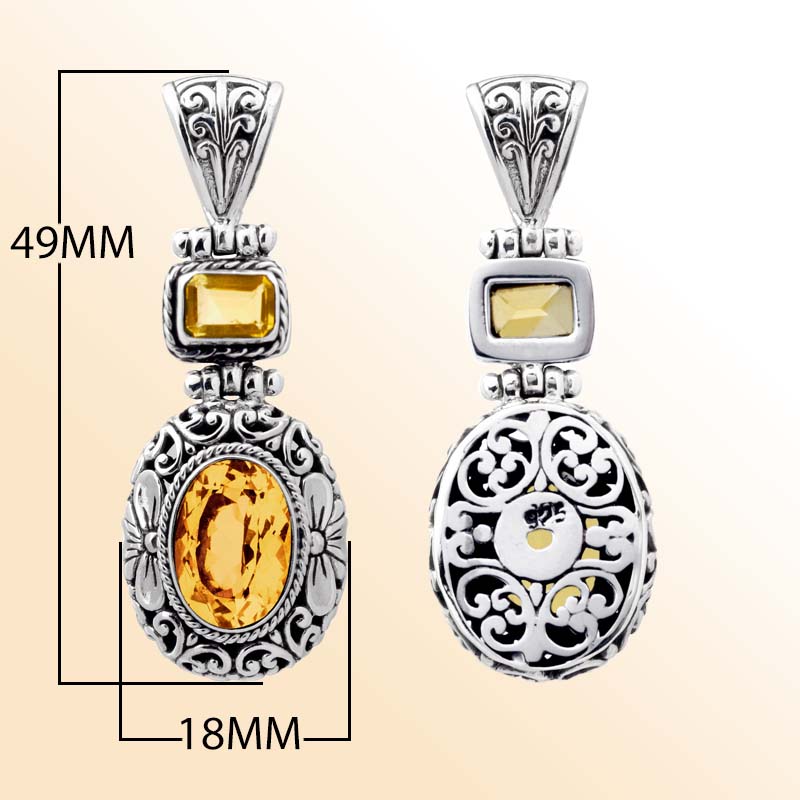 Sterling silver Citrine pendant with oval and square Quartz, intricate Bali filigree silverwork and oxidized finish, handcrafted artisan jewelry for women.