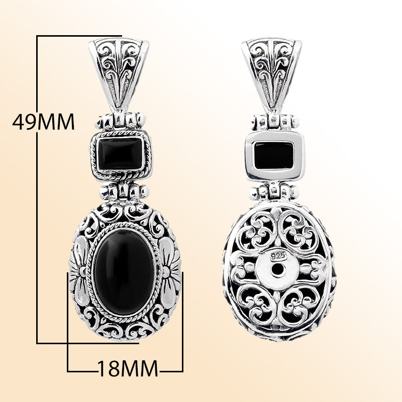 Sterling silver Black Onyx pendant with oval and square Onyx, detailed Bali filigree silverwork and oxidized finish, handcrafted artisan jewelry for women.