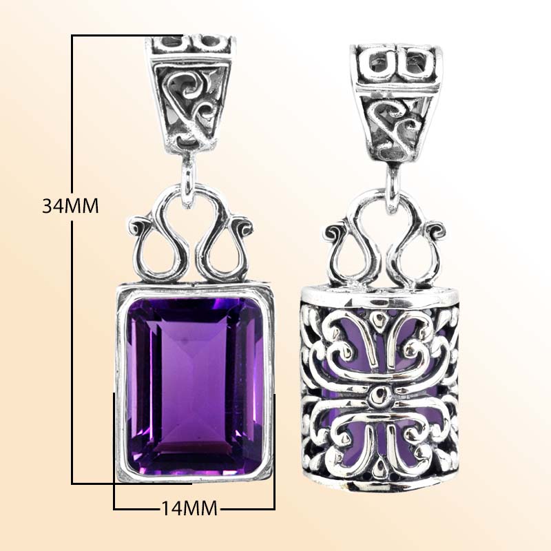 Sterling silver rectangular Amethyst pendant with faceted Quartz and intricate Bali silverwork, handcrafted artisan jewelry for women.