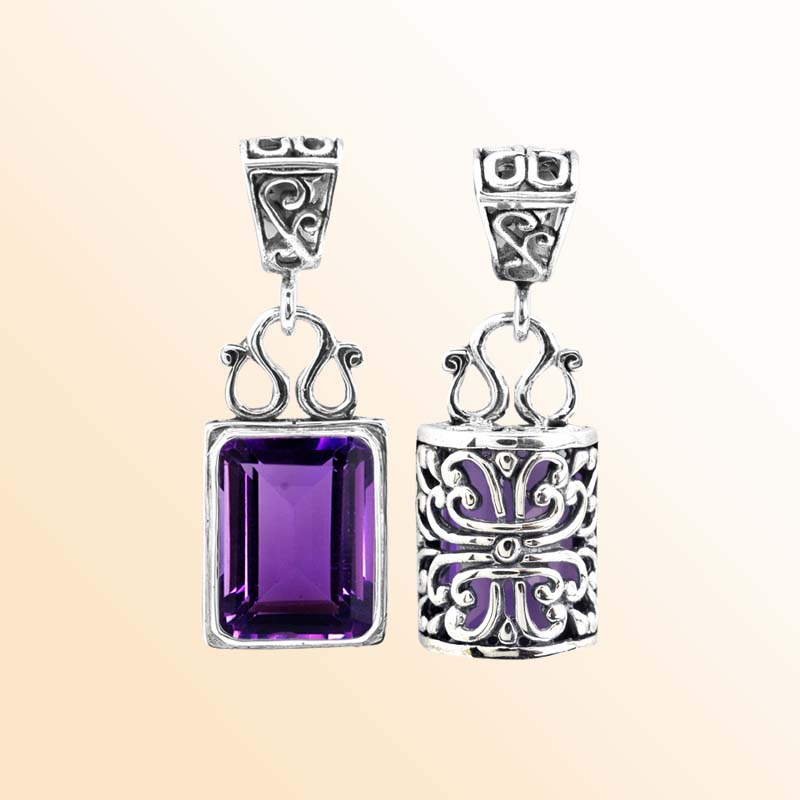 Sterling silver rectangular Amethyst pendant with faceted Quartz and intricate Bali silverwork, handcrafted artisan jewelry for women.