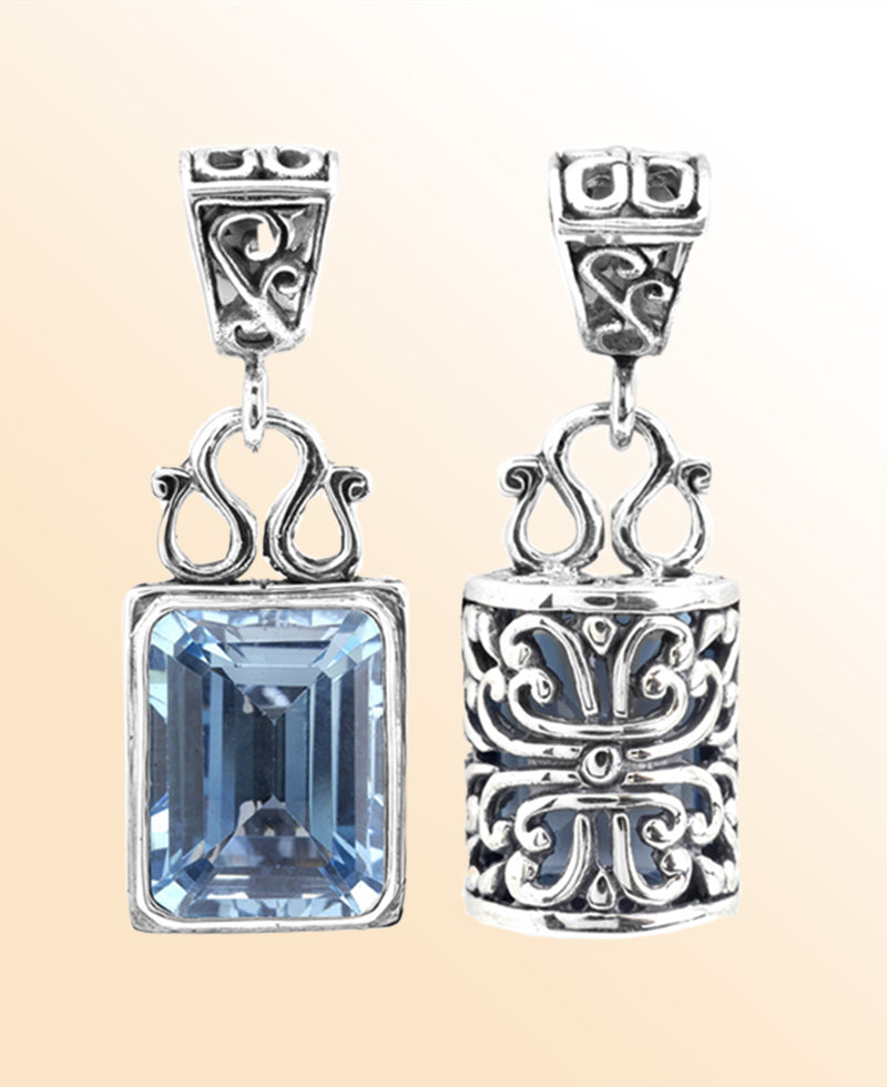 Sterling silver rectangular Blue Topaz pendant with faceted Quartz and intricate Bali silverwork, handcrafted artisan jewelry for women.