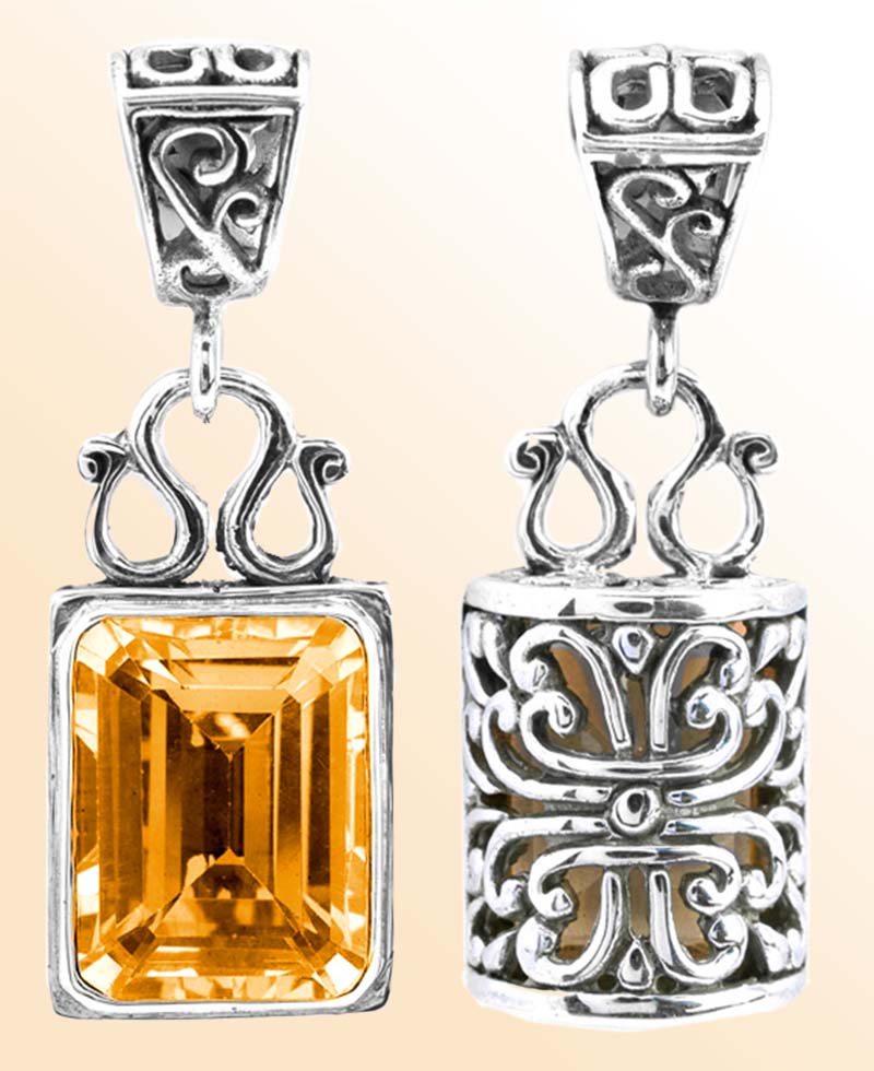Sterling silver rectangular Citrine pendant with faceted Quartz and intricate Bali silverwork, handcrafted artisan jewelry for women.