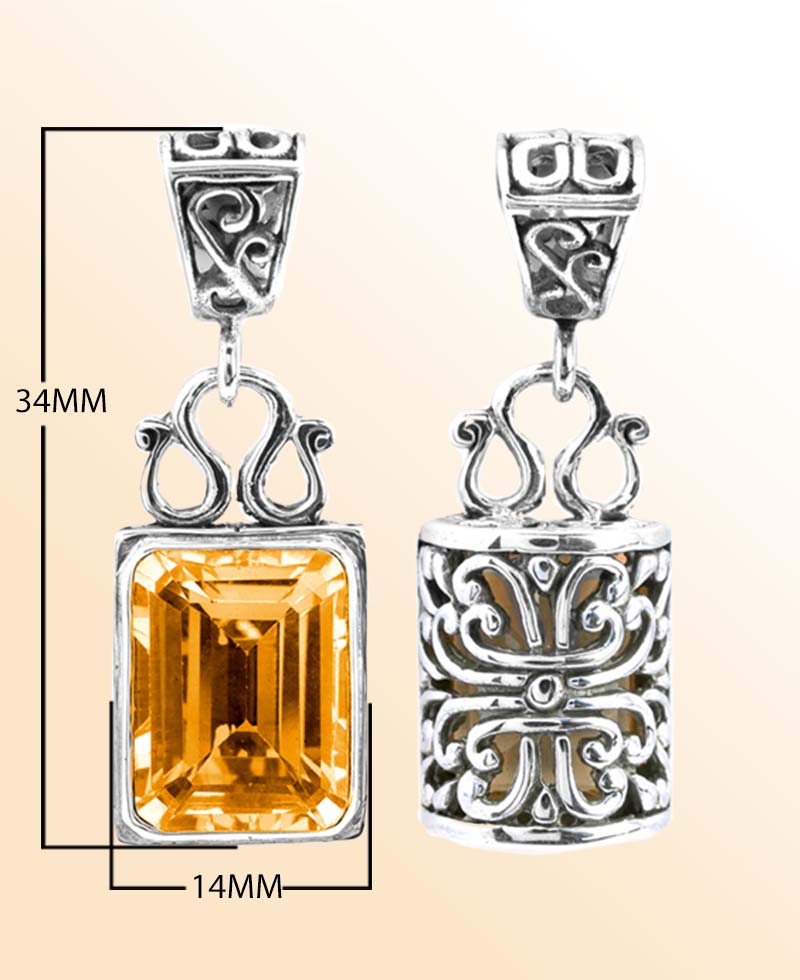 Sterling silver rectangular Citrine pendant with faceted Quartz and intricate Bali silverwork, handcrafted artisan jewelry for women.