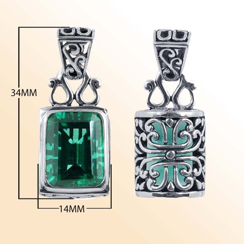 Sterling silver rectangular Green Quartz pendant with faceted Quartz and intricate Bali silverwork, handcrafted artisan jewelry for women.
