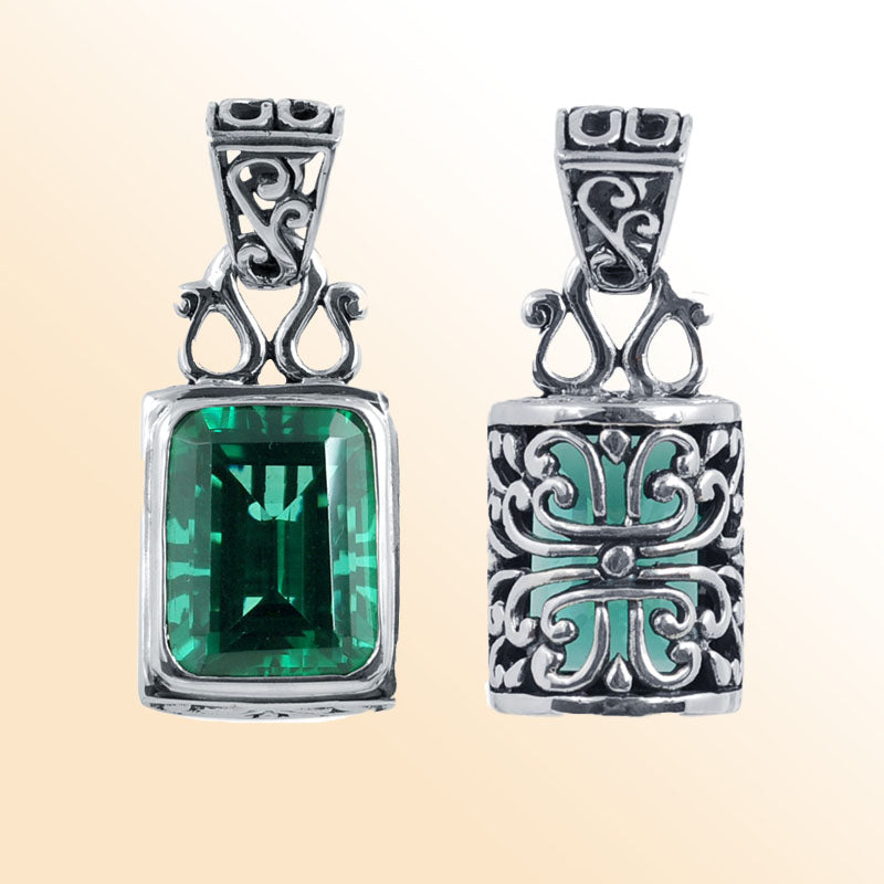 Sterling silver rectangular Green Quartz pendant with faceted Quartz and intricate Bali silverwork, handcrafted artisan jewelry for women.