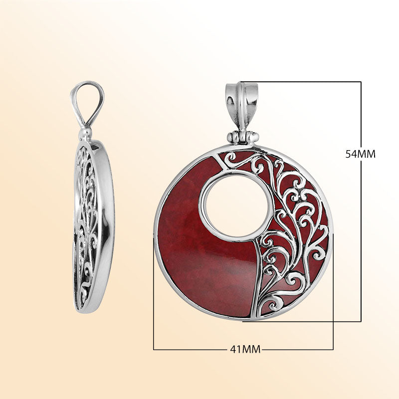 Sterling silver round Red Coral Shell pendant with genuine red inlay, intricate Bali vine design and oxidized finish, handcrafted artisan jewelry for women.