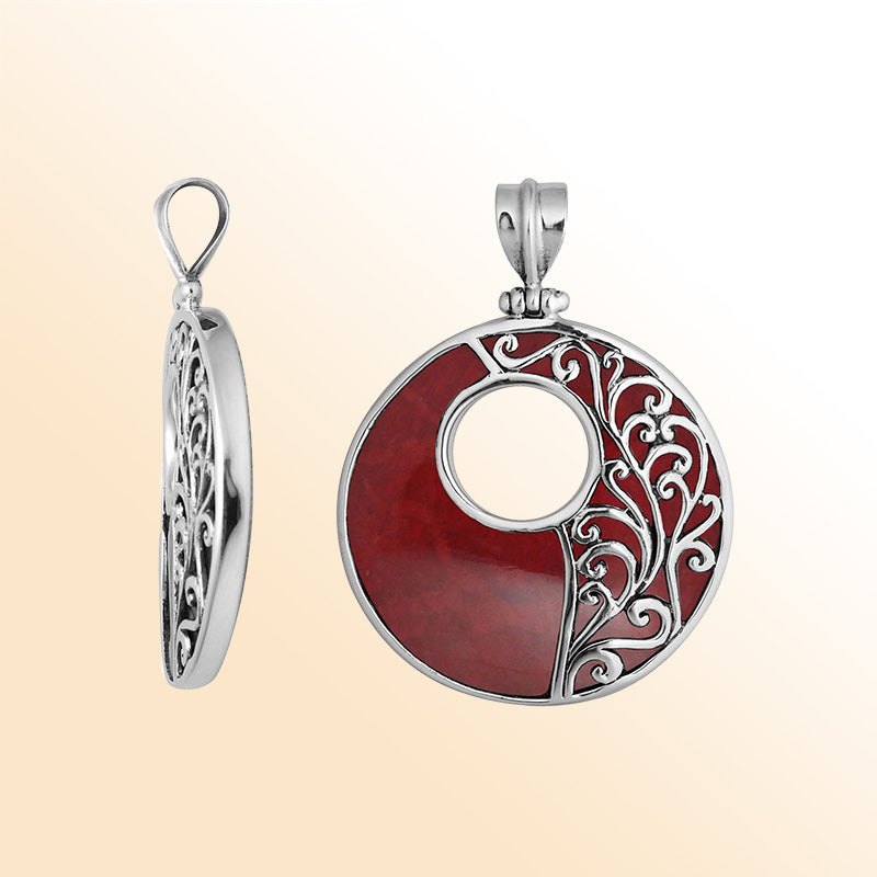 Sterling silver round Red Coral Shell pendant with genuine red inlay, intricate Bali vine design and oxidized finish, handcrafted artisan jewelry for women.