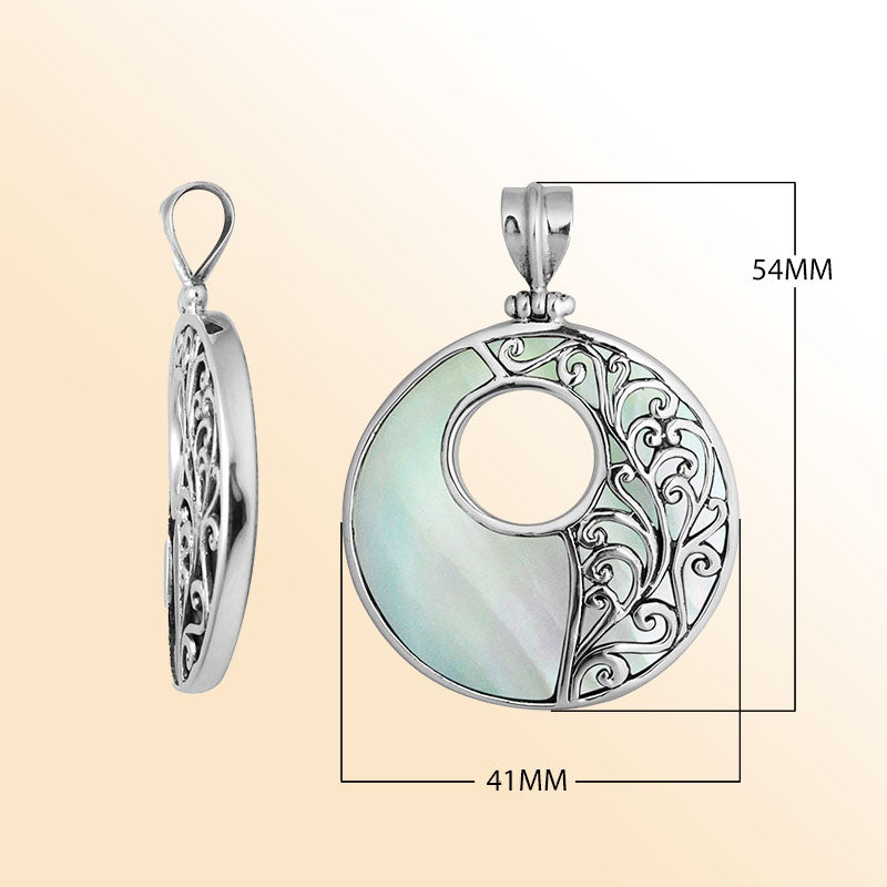 Sterling silver round Mother of Pearl pendant with luminous inlay, intricate Bali vine design, and oxidized finish, handcrafted artisan jewelry for women.