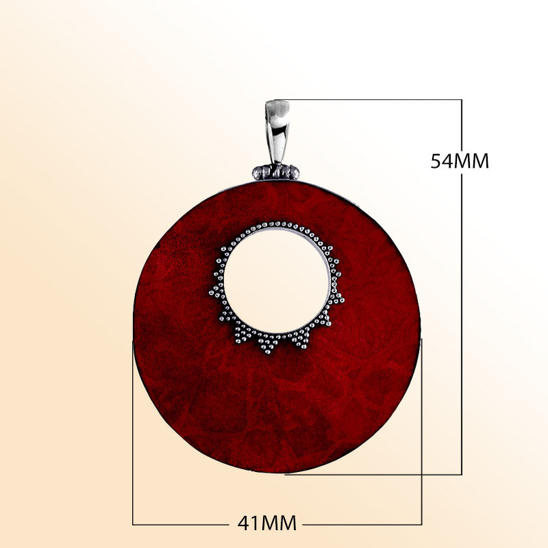 Sterling silver round Red Coral pendant with center cut-out and Bali-inspired beaded detailing, handcrafted artisan jewelry for women.