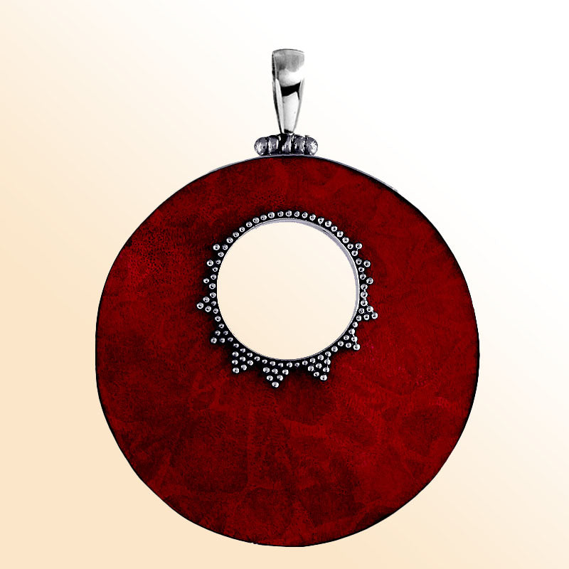 Sterling silver round Red Coral pendant with center cut-out and Bali-inspired beaded detailing, handcrafted artisan jewelry for women.