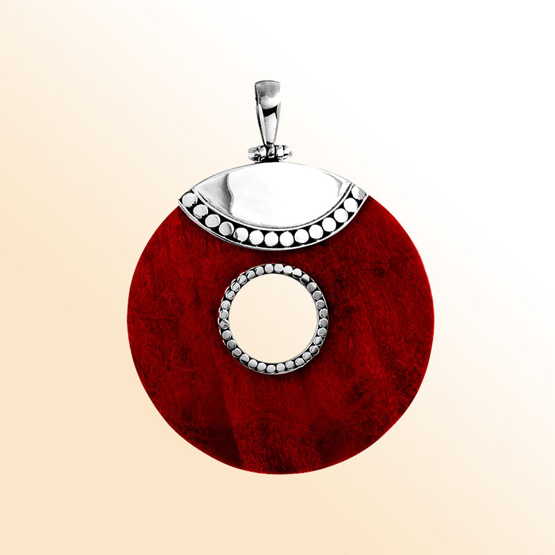 Sterling silver round Red Coral pendant with center cut-out, Bali-inspired beaded accents, and polished silver top, handcrafted artisan jewelry for women.