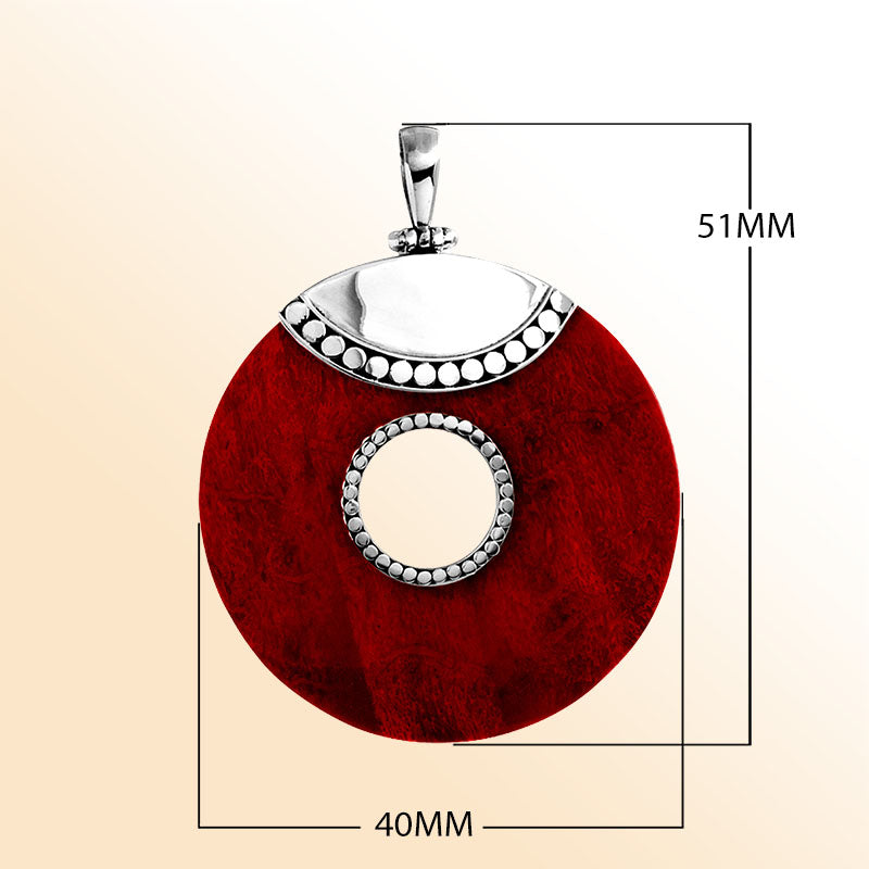 Sterling silver round Red Coral pendant with center cut-out, Bali-inspired beaded accents, and polished silver top, handcrafted artisan jewelry for women.