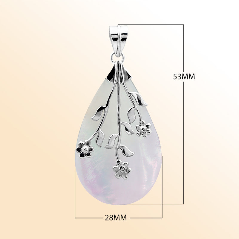 Elegant Sterling Silver Mother Of Pearl teardrop pendant with floral branch overlay, handcrafted mirror-polished finish, and luminous white sheen for women’s artistic jewelry collections.
