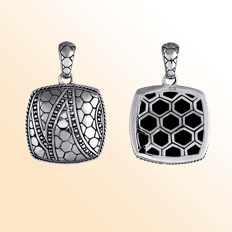 Sterling silver square pendant with handcrafted honeycomb Bali design – unique artisan jewelry for everyday elegance or gifting