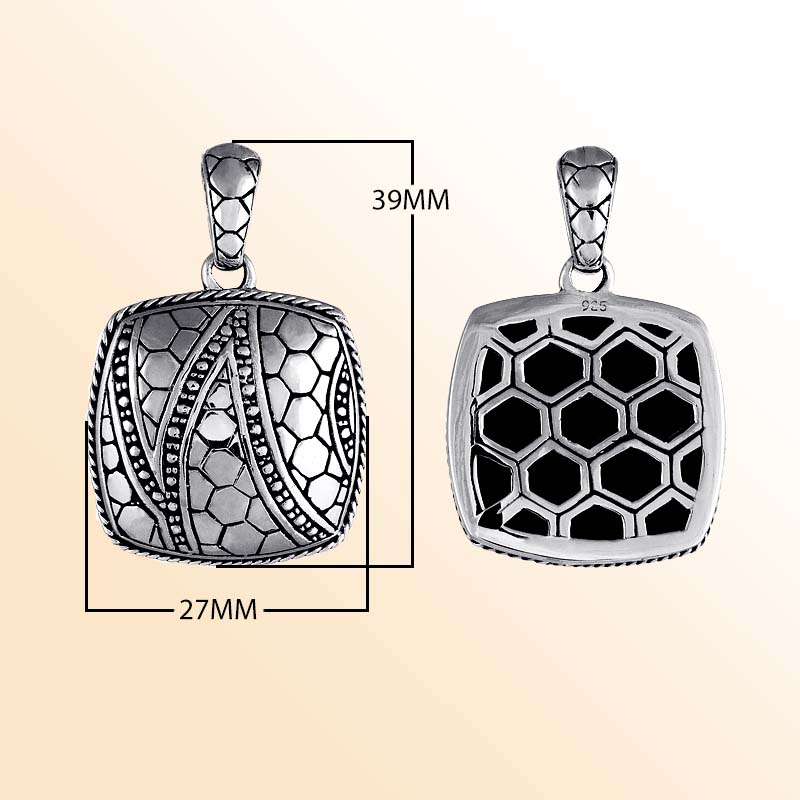 Sterling silver square pendant with handcrafted honeycomb Bali design – unique artisan jewelry for everyday elegance or gifting