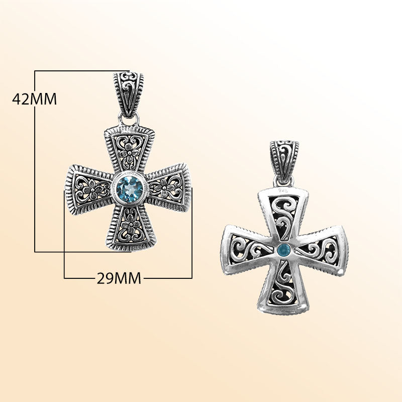 Sterling silver cross pendant with Blue Topaz gemstone – handcrafted Bali jewelry symbolizing faith, elegance, and timeless style