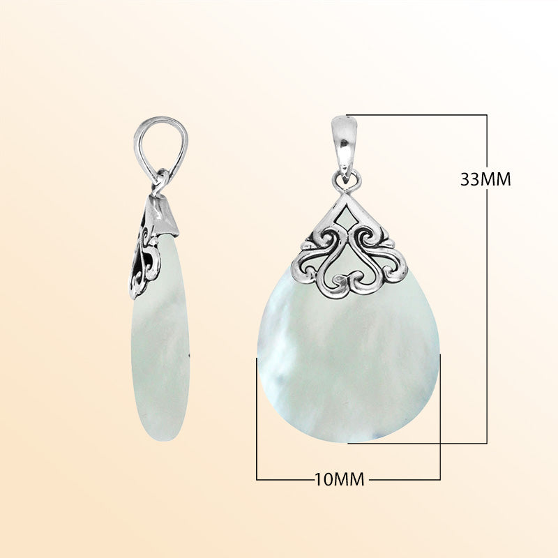 Sterling silver teardrop pendant with luminous Mother of Pearl – handcrafted Bali jewelry with elegant scrollwork, a timeless gift of elegance