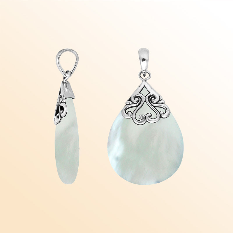 Sterling silver teardrop pendant with luminous Mother of Pearl – handcrafted Bali jewelry with elegant scrollwork, a timeless gift of elegance