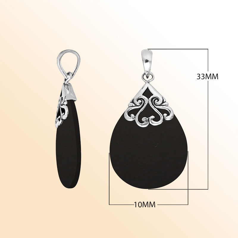 Sterling silver teardrop pendant with polished Black Shell – handcrafted Bali jewelry with elegant scrollwork, a bold and timeless gift