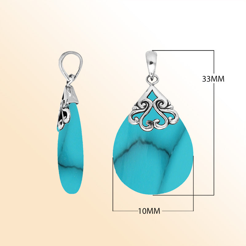 Sterling silver teardrop pendant with natural Turquoise Shell – handcrafted Bali jewelry with elegant scrollwork, a vibrant and meaningful gift