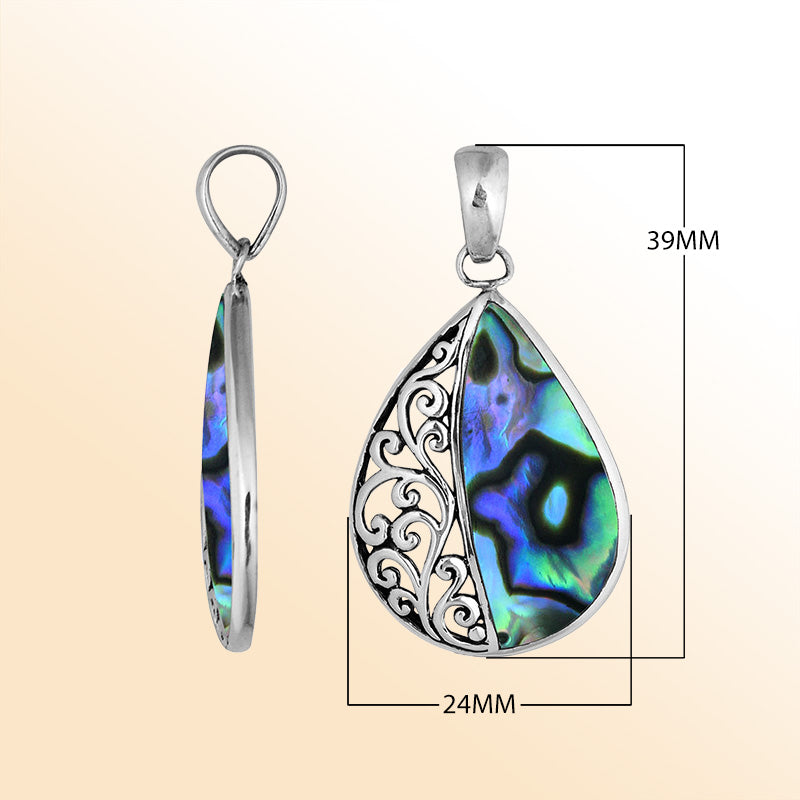 Sterling silver teardrop pendant with natural Abalone Shell – handcrafted Bali jewelry with shimmering ocean-inspired colors