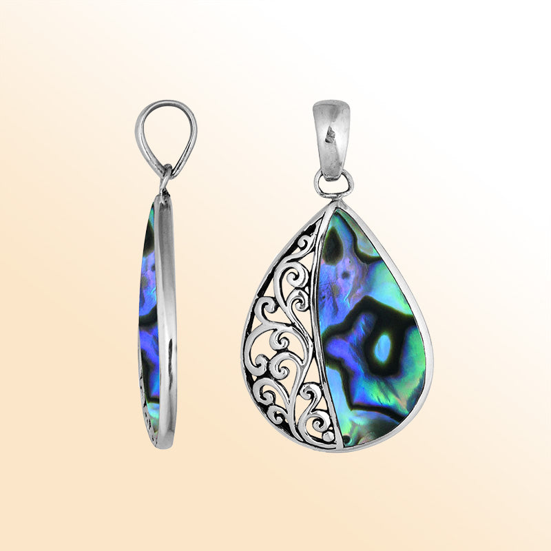 Sterling silver teardrop pendant with natural Abalone Shell – handcrafted Bali jewelry with shimmering ocean-inspired colors