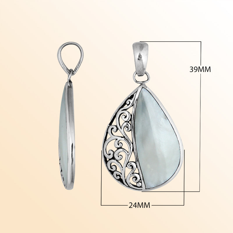 Sterling silver teardrop pendant with luminous Mother of Pearl – handcrafted Bali jewelry with elegant filigree, a timeless gift of elegance