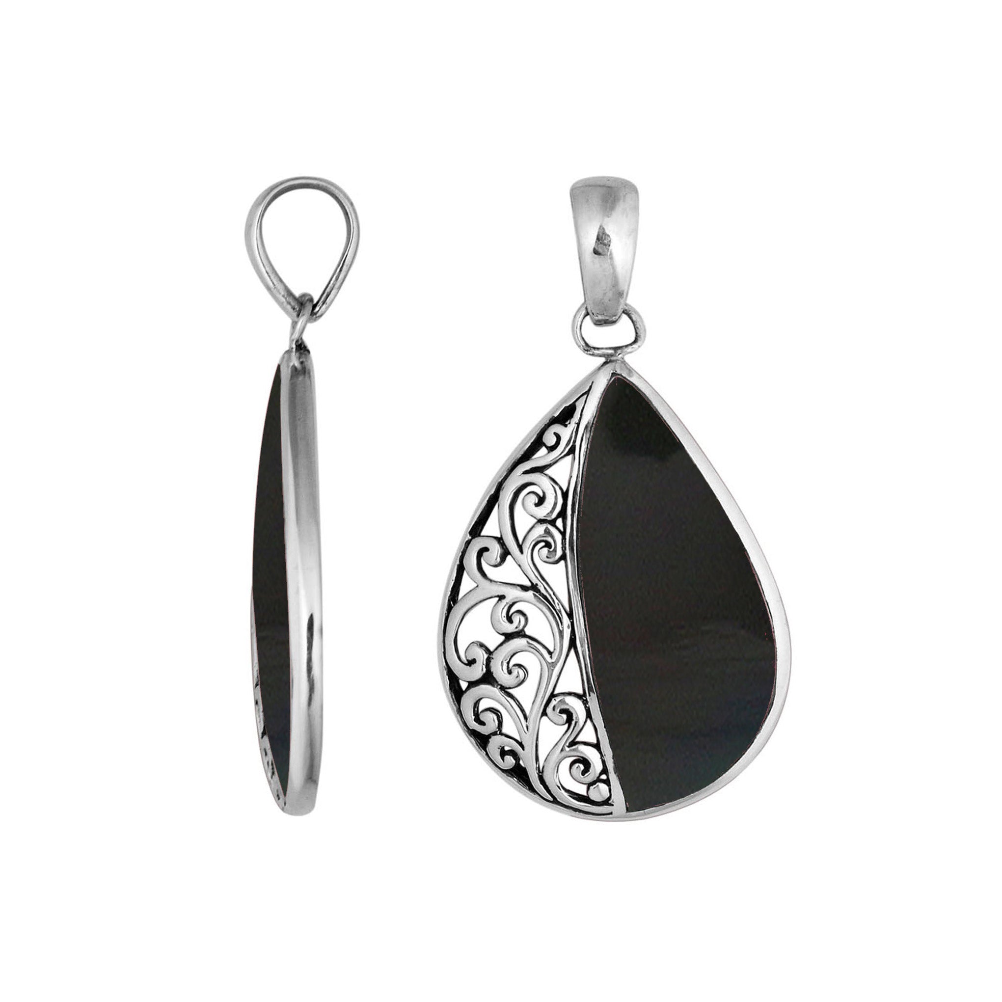 Sterling silver teardrop pendant with natural Black Shell – handcrafted Bali jewelry with elegant filigree, a bold and timeless gift