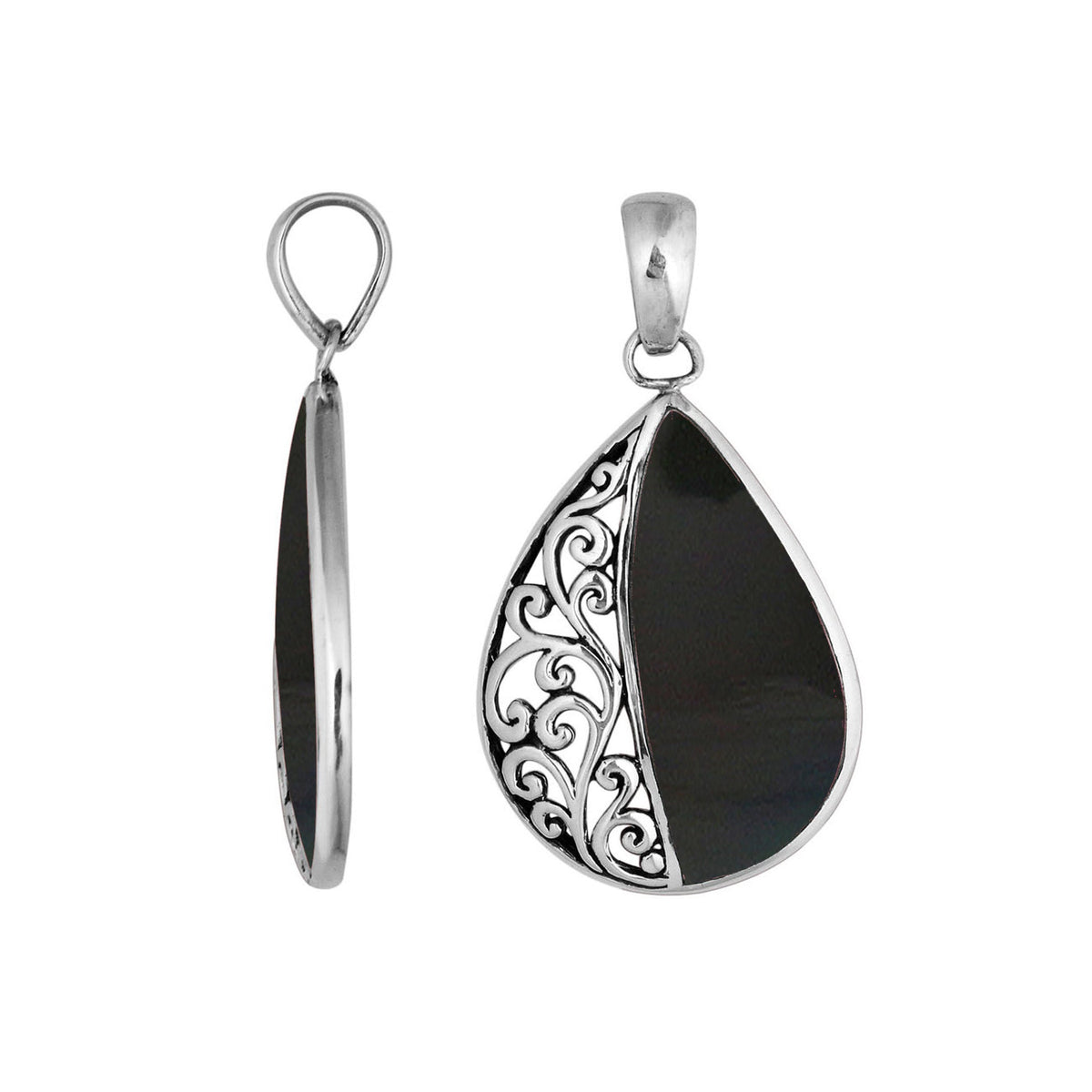 Sterling silver teardrop pendant with natural Black Shell – handcrafted Bali jewelry with elegant filigree, a bold and timeless gift