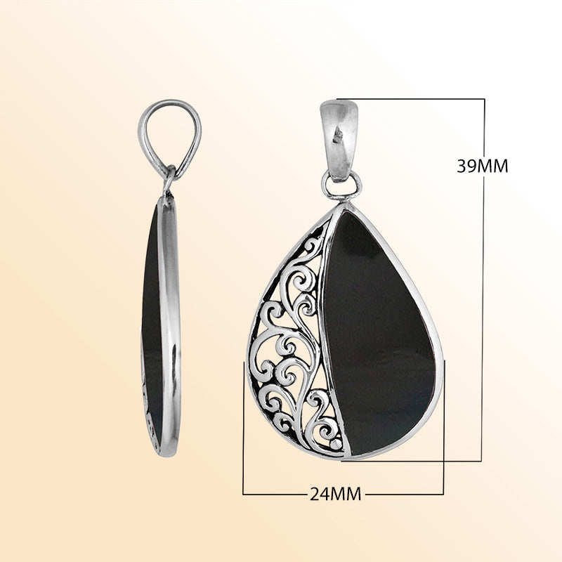 Sterling silver teardrop pendant with natural Black Shell – handcrafted Bali jewelry with elegant filigree, a bold and timeless gift