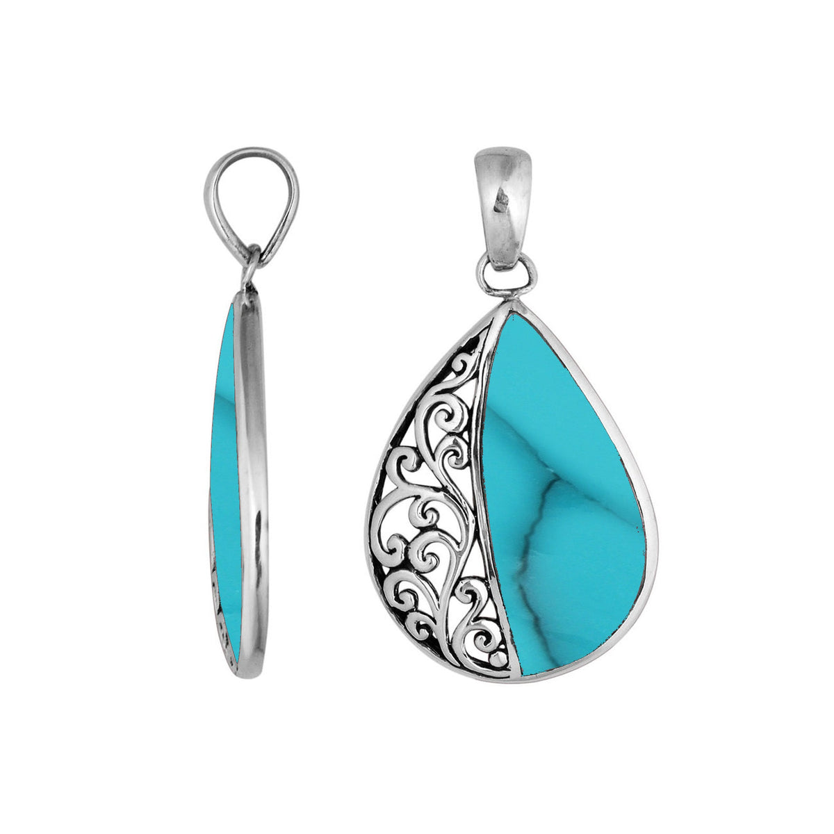 Sterling silver teardrop pendant with natural Turquoise – handcrafted Bali jewelry with elegant filigree, a vibrant and timeless gift