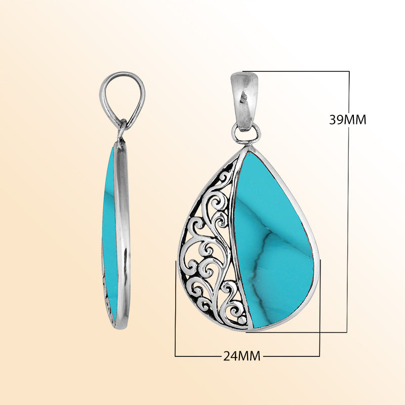Sterling silver teardrop pendant with natural Turquoise – handcrafted Bali jewelry with elegant filigree, a vibrant and timeless gift