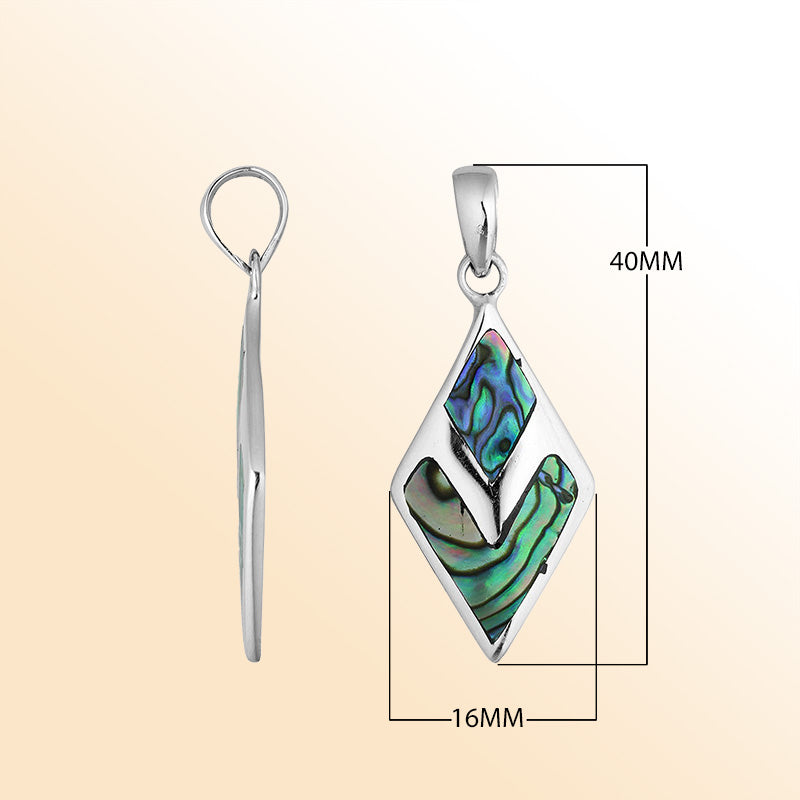 Sterling silver diamond-shaped pendant with natural Abalone Shell – handcrafted Bali jewelry with shimmering ocean-inspired colors, a unique artisan gift