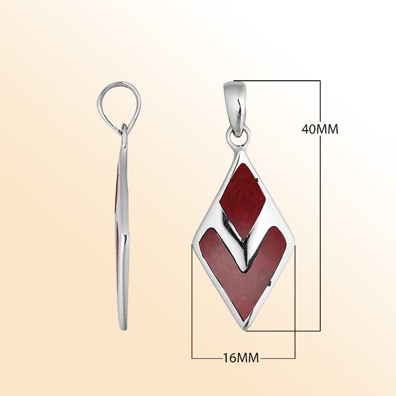Sterling silver diamond-shaped pendant with vibrant Red Coral inlay – handcrafted Bali jewelry, a bold and meaningful gift