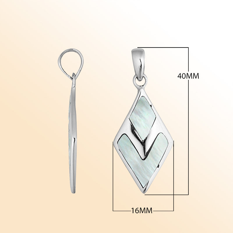 Sterling silver diamond-shaped pendant with luminous Mother of Pearl – handcrafted Bali jewelry, a timeless and elegant gift