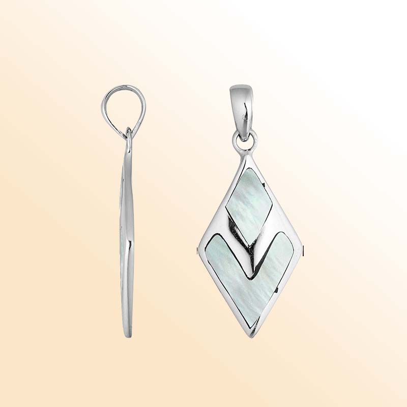Sterling silver diamond-shaped pendant with luminous Mother of Pearl – handcrafted Bali jewelry, a timeless and elegant gift