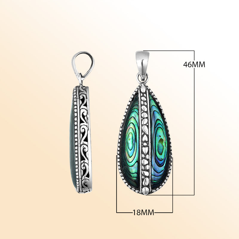 Sterling silver teardrop pendant with shimmering abalone shell – handcrafted Bali jewelry, a unique ocean-inspired gift