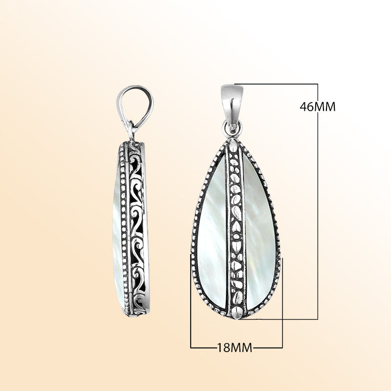 Sterling silver teardrop pendant with luminous Mother of Pearl – handcrafted Bali jewelry, an elegant and timeless gift