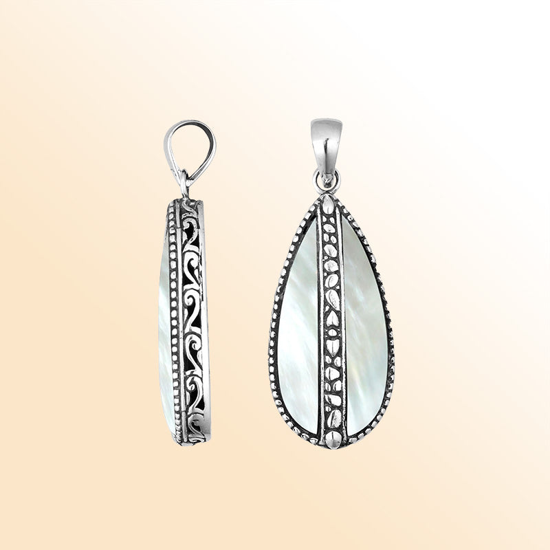 Sterling silver teardrop pendant with luminous Mother of Pearl – handcrafted Bali jewelry, an elegant and timeless gift